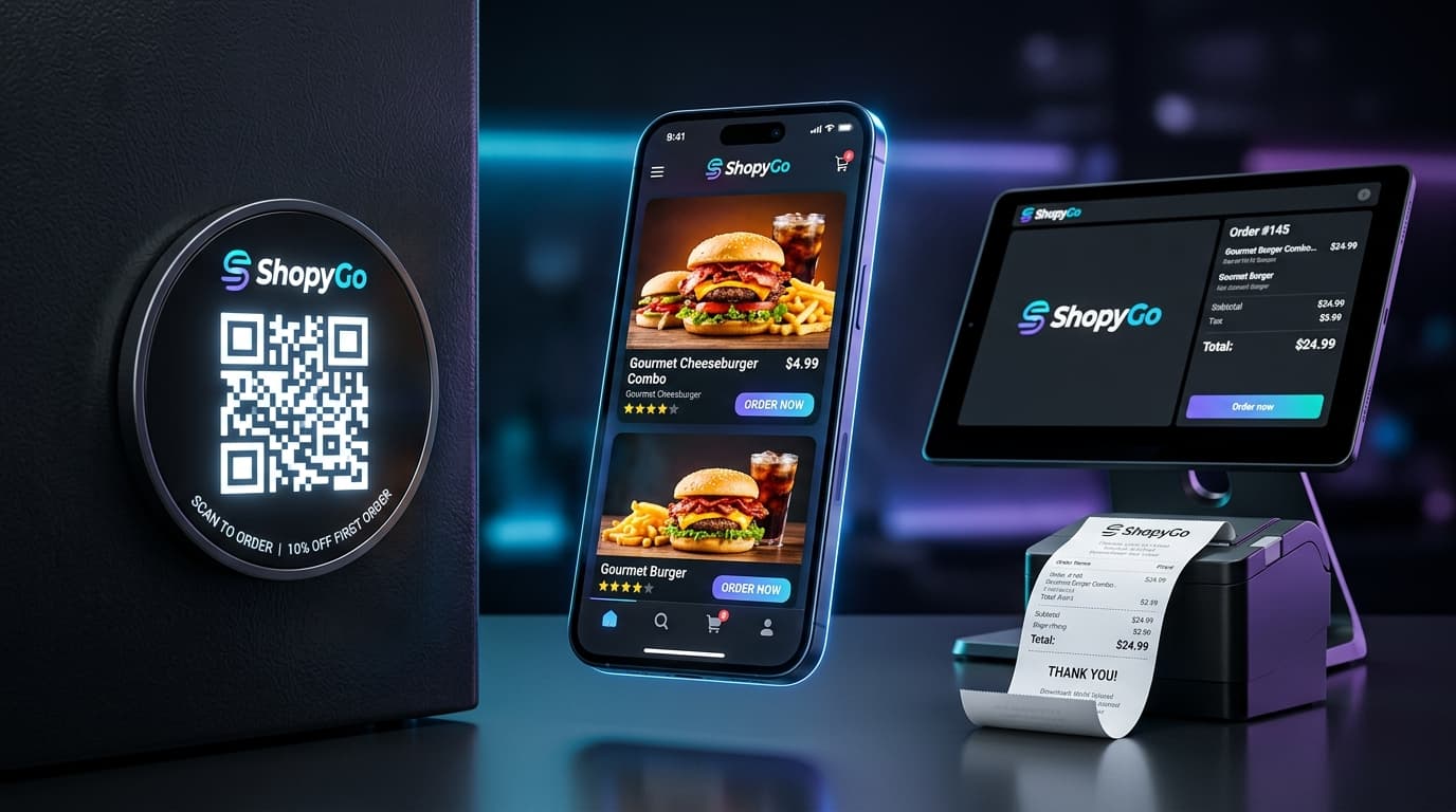 Terminal PDV e impressora térmica ShopyGo emitindo comanda de pedido